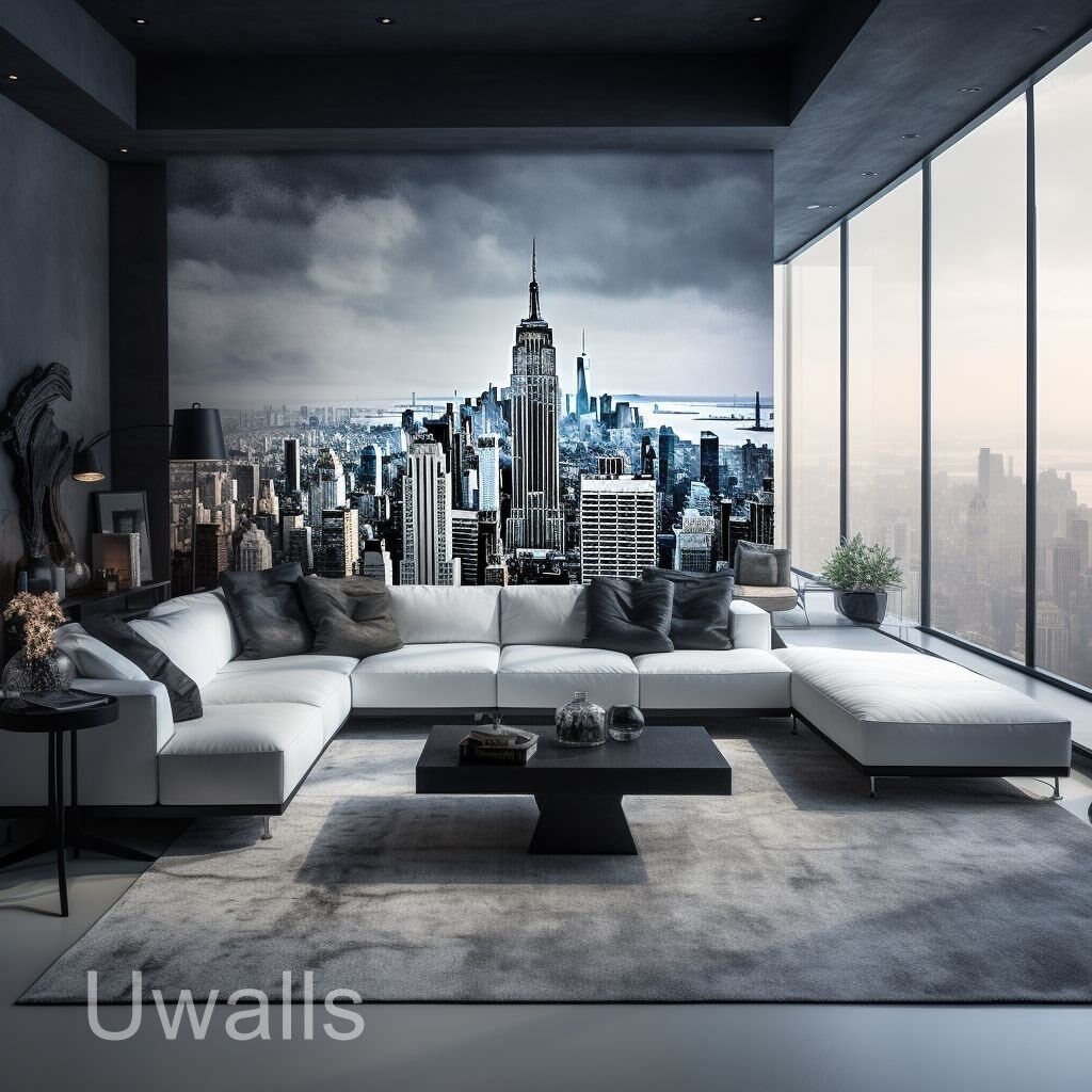 Papier peint panoramique avec vue sur la ville de nuit dans l'intérieur