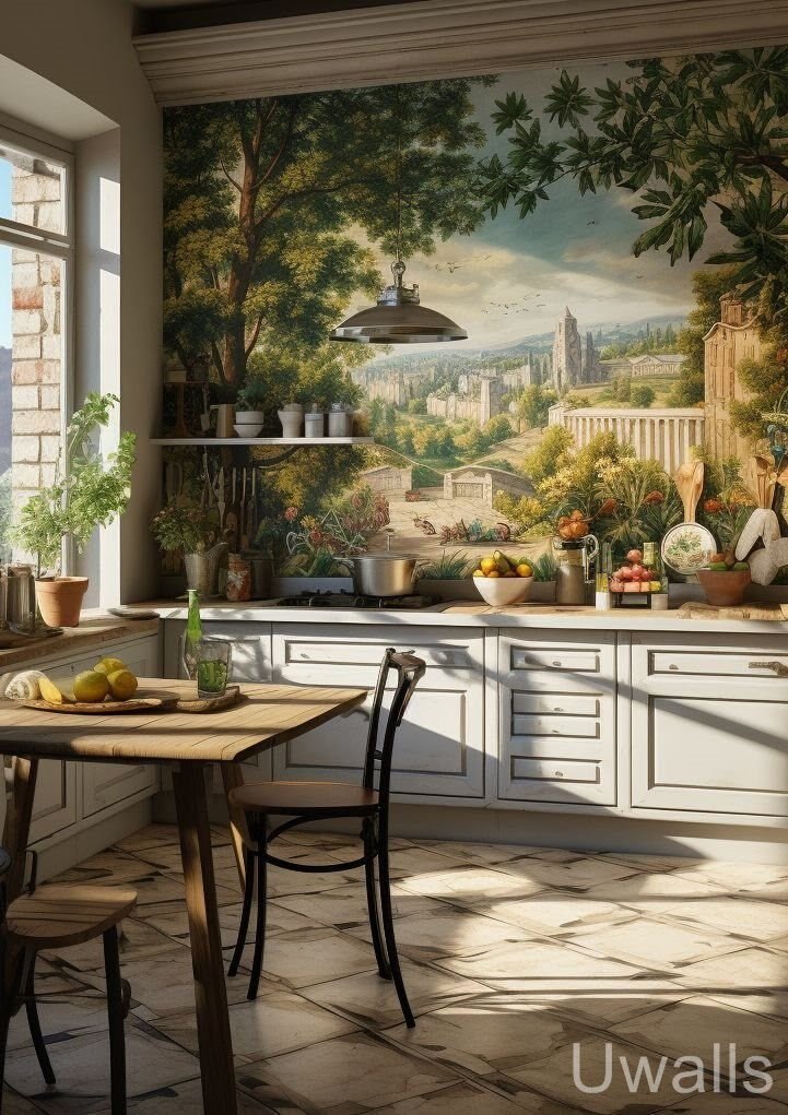 Papier peint sur le mur avec un effet de profondeur dans l'intérieur d'une cuisine classique