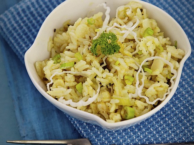 Riz basmati avec fondue de poireaux
