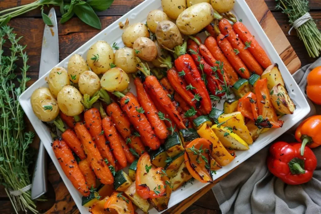 des légumes rôtis (carottes, courgettes, oignons)