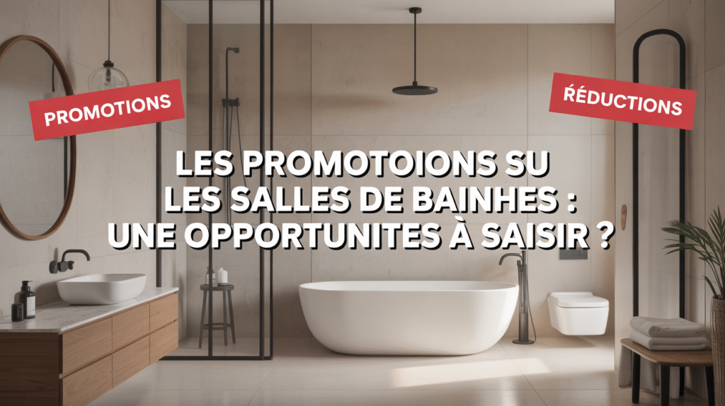 Salle de bains moderne avec étiquettes promotions et réductions