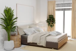 chambre et lit dans un interieur scandinave