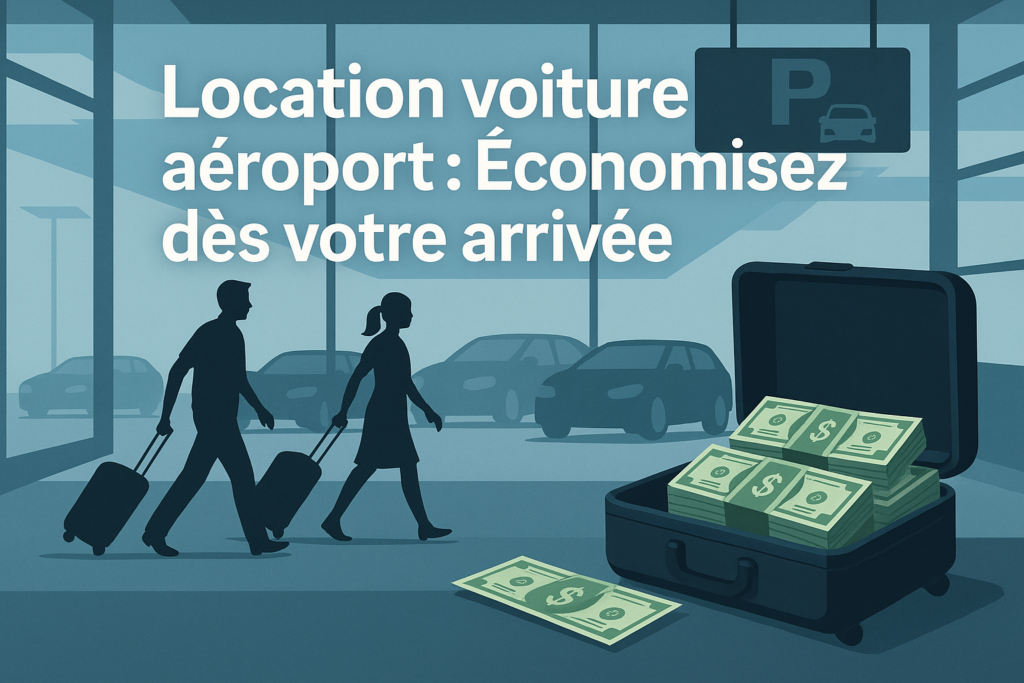 Location voiture aéroport silhouettes valises parking