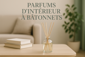 Fonctionnement des parfums d'intérieur à bâtonnets sur table en bois dans salon moderne lumineux