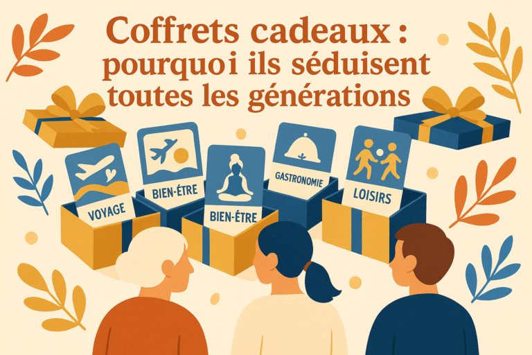 Illustration de coffrets cadeaux intergénérationnels réunissant plusieurs générations