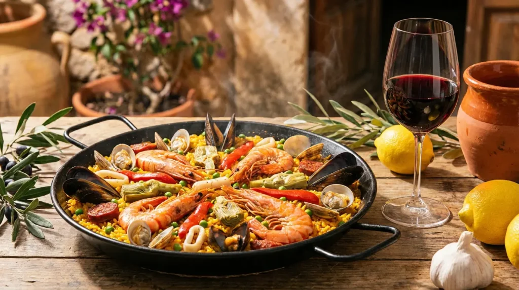 Paella et vin rouge