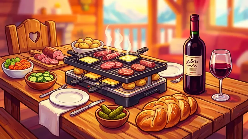 vins rouges avec une raclette fromage et charcuterie