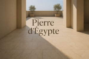 Pierre d’Égypte en dalles de calcaire beige clair sur une terrasse moderne