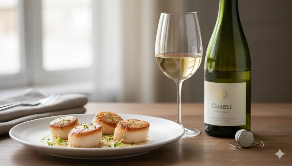 vin blanc avec des Saint Jacques