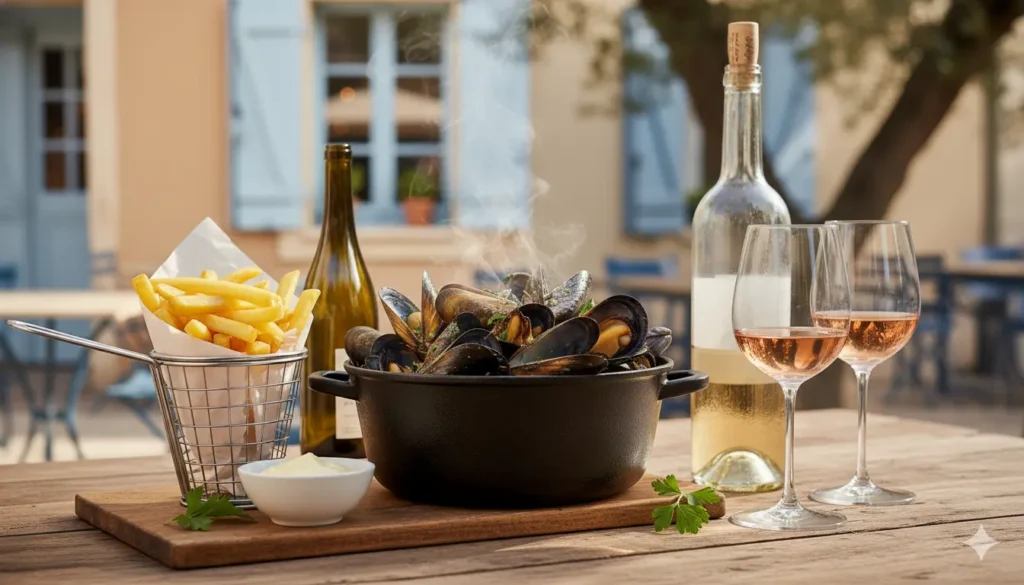 vin blanc avec des moules frites