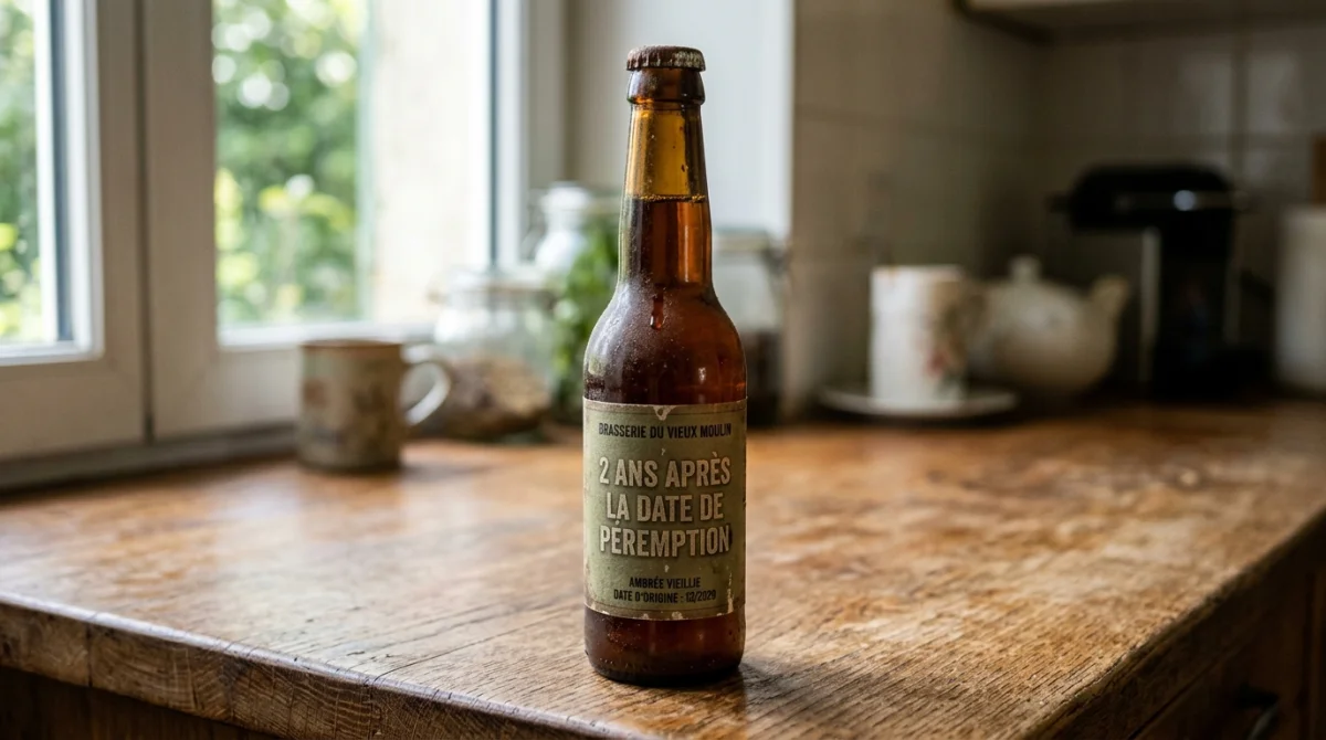 Bouteille de bière poussiéreuse, 2 ans après péremption, sur un comptoir en bois.