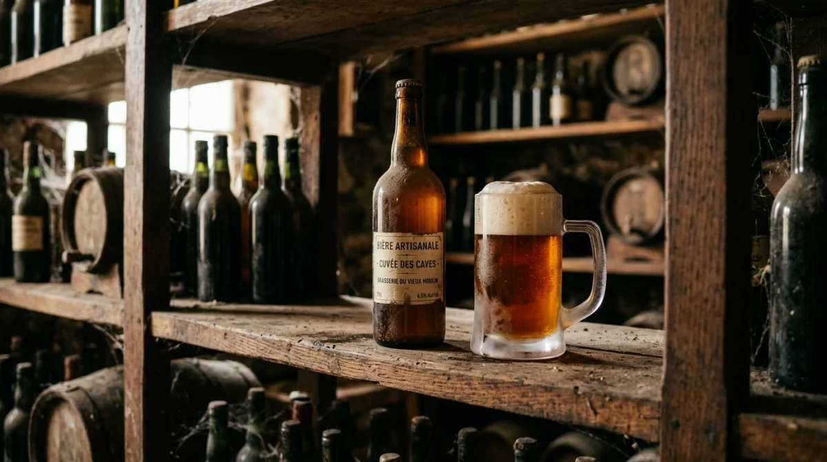 Bouteille de bière poussiéreuse et chope pleine sur étagère en bois dans une cave.