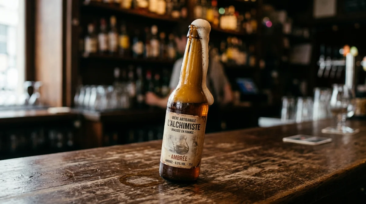 Bouteille de bière ambrée sur comptoir en bois, ambiance de bar, passage du temps