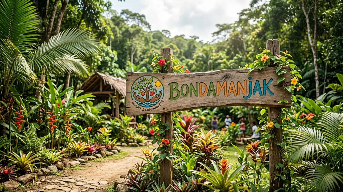 Logo Bondamanjak stylisé dans un jardin tropical luxuriant et paisible.