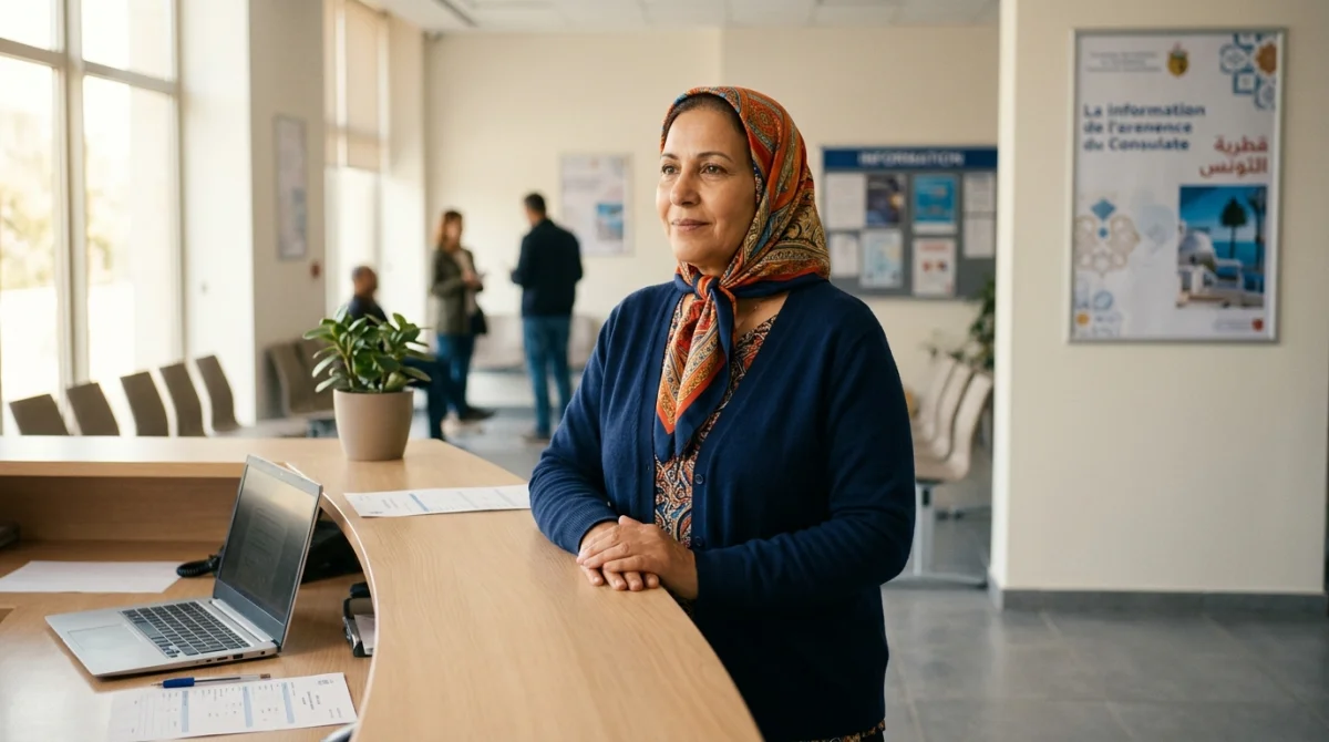 Femme tunisienne au consulat de France, démarches administratives.