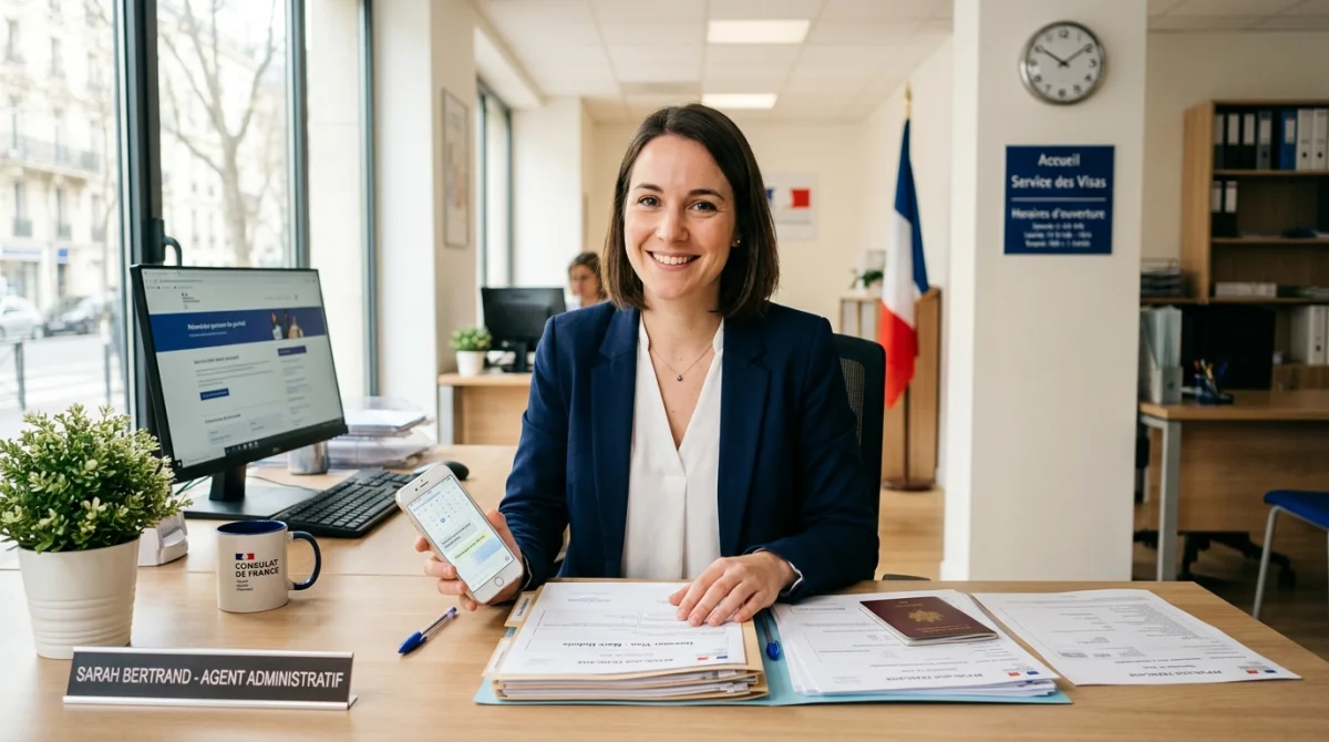 Personne souriante consultant documents et smartphone au consulat de Tunisie en France