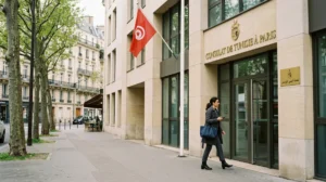 Façade moderne du consulat de Tunisie à Paris, personne s'approchant pour démarches.