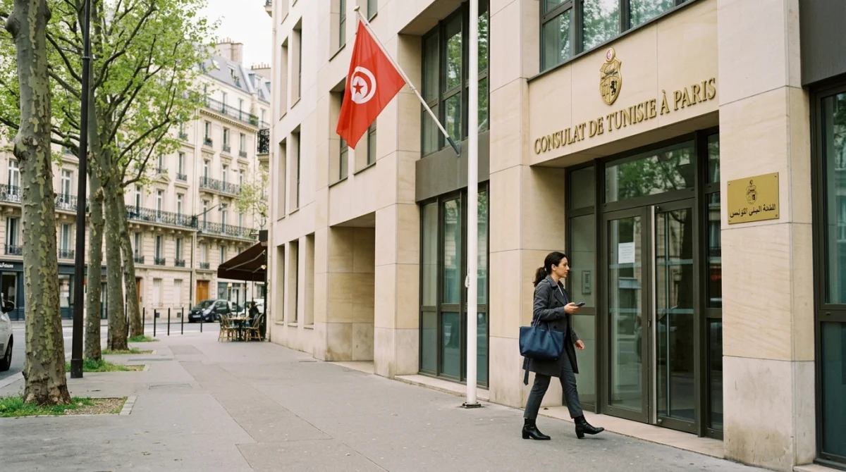 Façade moderne du consulat de Tunisie à Paris, personne s'approchant pour démarches.