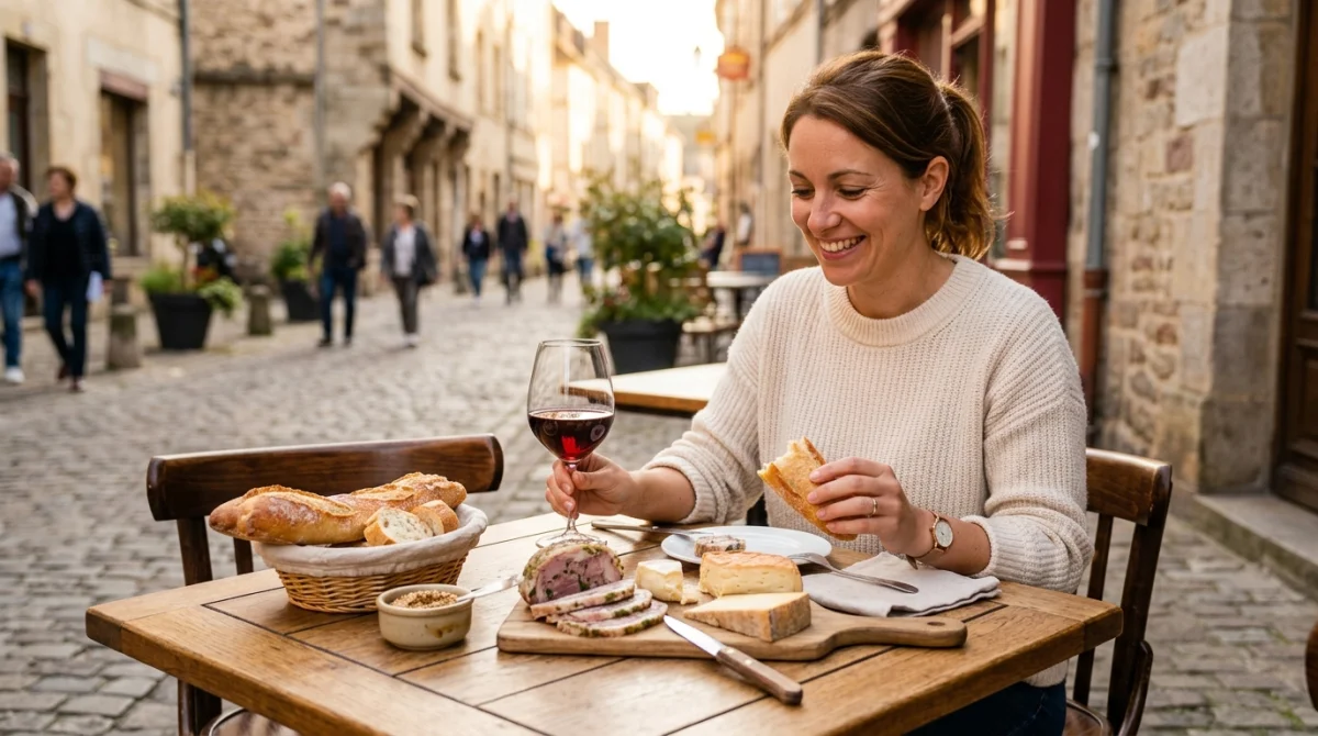 Personne savourant des produits du terroir bourguignon et du vin rouge à Autun.