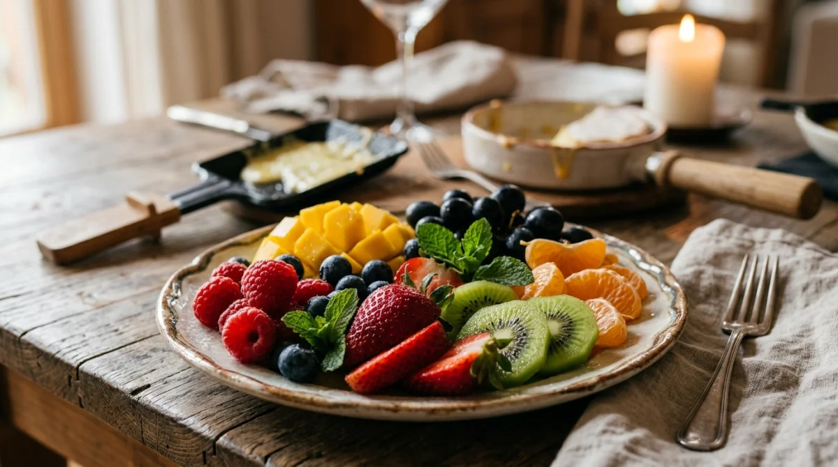 Assiette colorée de fruits frais, dessert léger après une raclette copieuse.