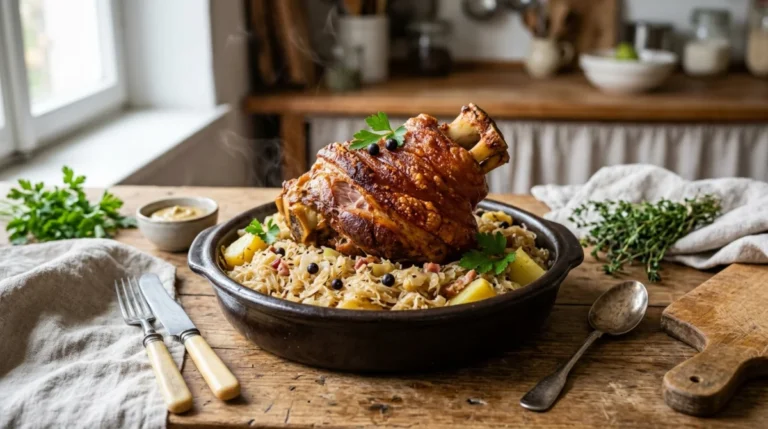 Jarret de porc rôti doré sur un lit de choucroute, garni de genièvre.