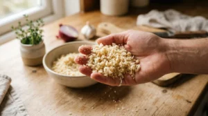 Main tenant de la mie de pain fraîche râpée pour une recette anti-gaspillage.