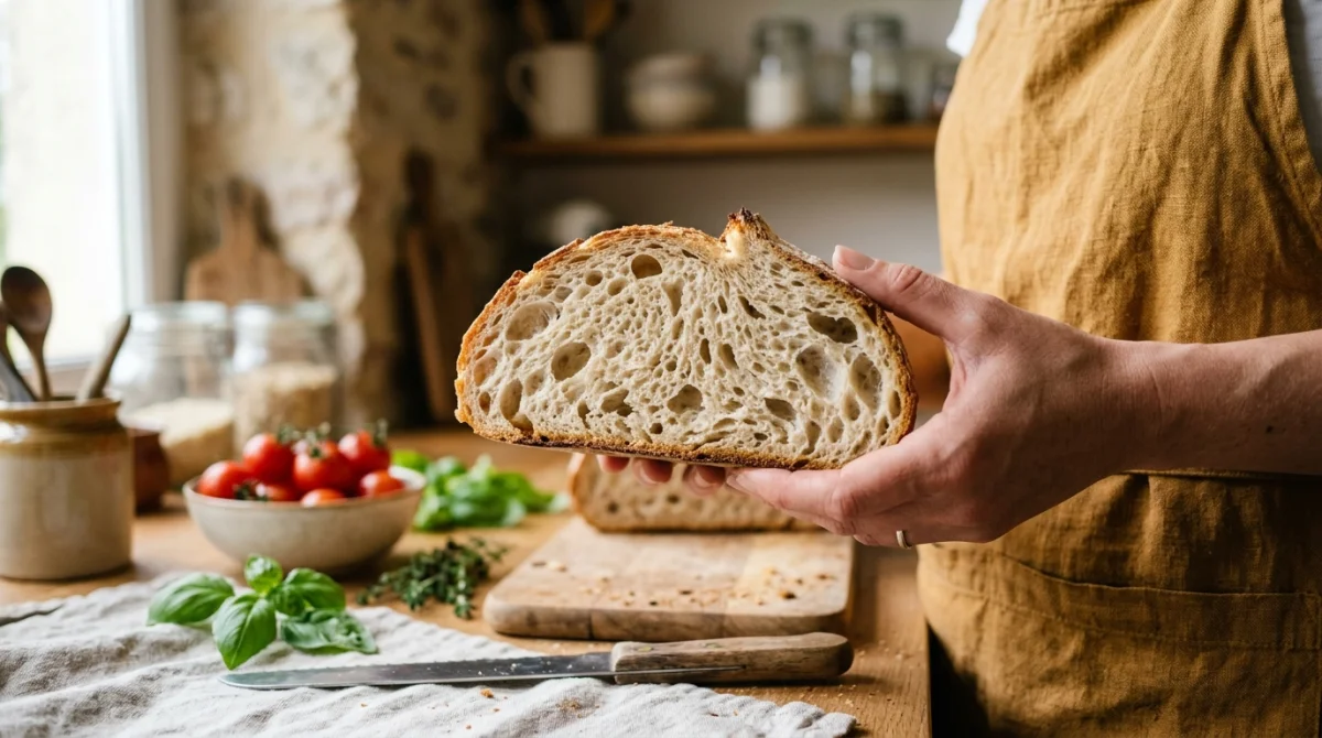 Main tenant une tranche de pain de campagne, mie aérée, cuisine rustique