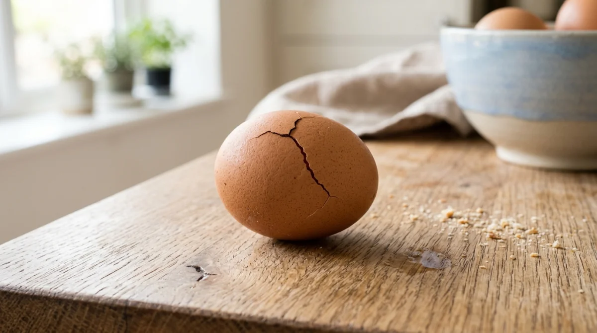 Œuf à la coquille fêlée sur plan de travail de cuisine, peut-on manger des œufs périmés