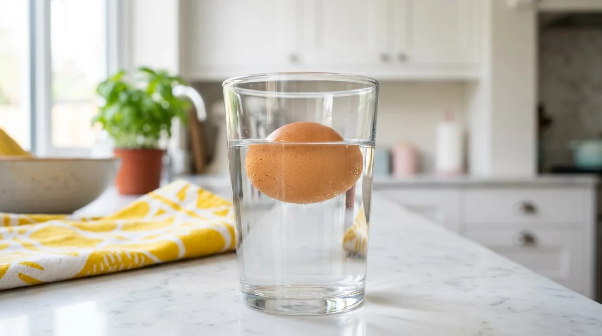 Test de fraîcheur : œuf cru flottant dans un verre d'eau pour savoir si on peut manger des œufs périmés.