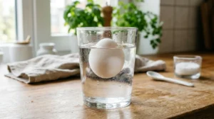 Œuf frais flottant à la verticale dans un verre d'eau, test de fraîcheur