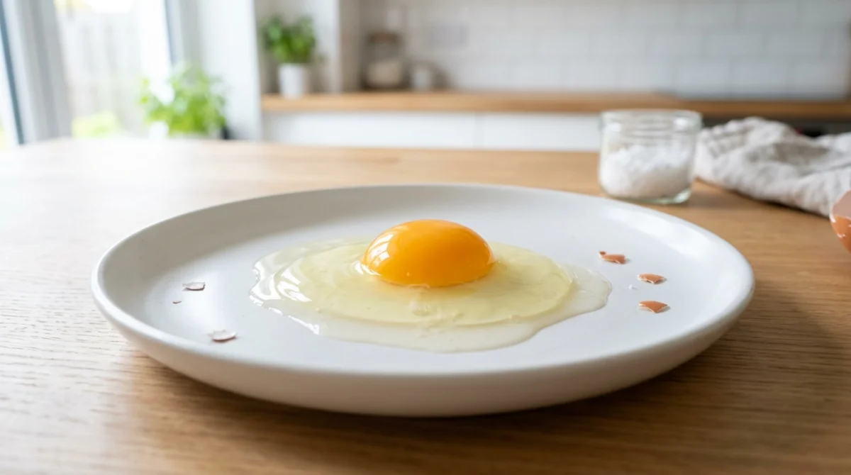 Œuf cru frais dans une assiette blanche, le jaune intact et le blanc s'étalant doucement.