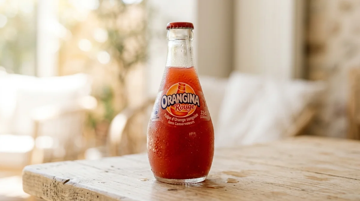 Bouteille d'Orangina Rouge givrée sur fond neutre, fraîcheur et goût fruité.