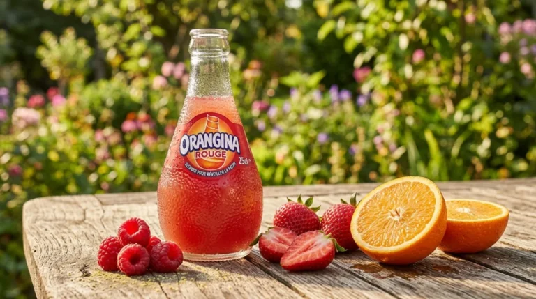 Bouteille d'Orangina Rouge avec fruits rouges et orange sur table en bois rustique.