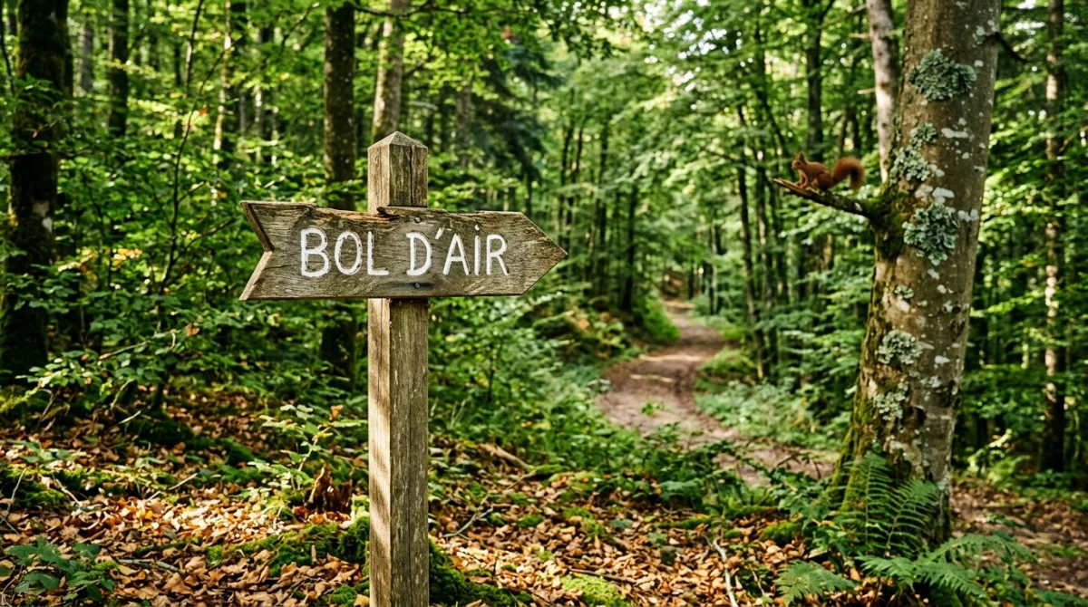 Panneau directionnel "Bol d'air" dans une forêt des Vosges, invitant à la sérénité.