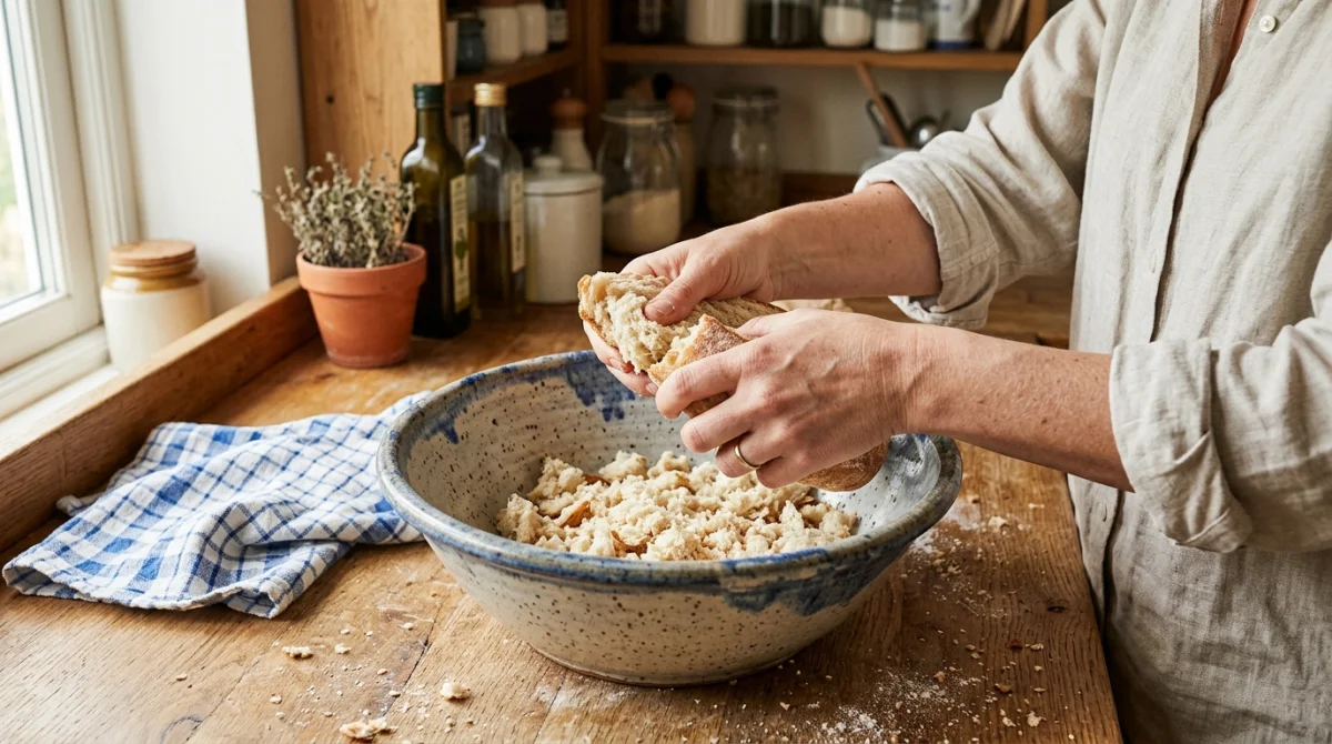 Mains émiettant de la mie de pain dans un bol en céramique, cuisine rustique, recette anti-gaspillage