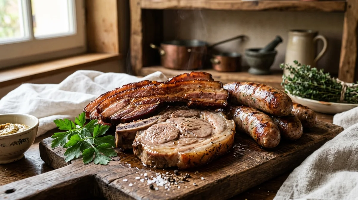 Assortiment de viandes pour choucroute : lard, rouelle de porc et saucisses.