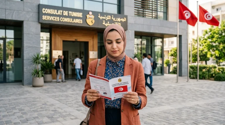 Personne consultant une brochure d'information devant le consulat de Tunisie à Marseille.