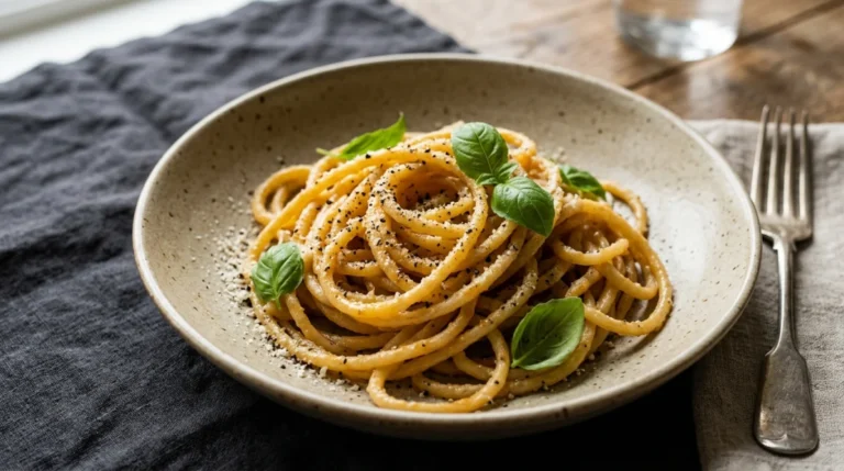 Assiette de spaghettis artisanaux Garofalo à la texture rugueuse sur une table rustique pour notre avis gourmand.