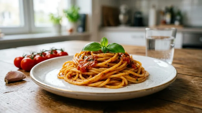 Assiette de pâtes Rummo al dente à la sauce tomate fraîche sur une table en bois rustique.