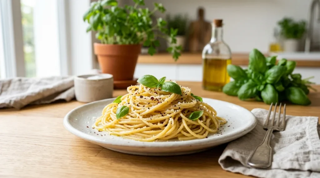 Assiette de pâtes De Cecco al dente, garnies d'herbes fraîches, pour illustrer notre avis sur cette marque italienne.