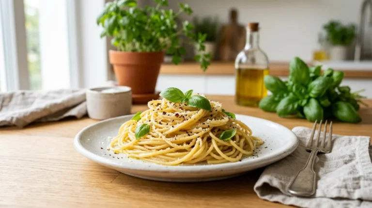 Assiette de pâtes De Cecco al dente, garnies d'herbes fraîches, pour illustrer notre avis sur cette marque italienne.