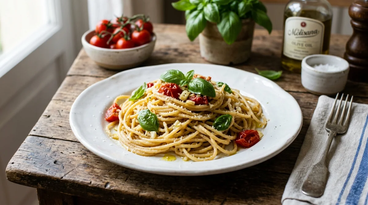 Assiette de pâtes La Molisana à la texture rugueuse, servie avec tomates cerises et basilic frais.