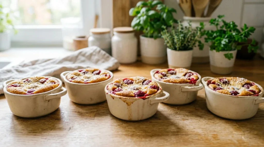 Petits clafoutis aux cerises sans sucre présentés dans des moules individuels sur une table en bois clair.