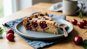 Part généreuse de clafoutis aux cerises sans sucre à la texture fondante, servie sur une table en bois clair.
