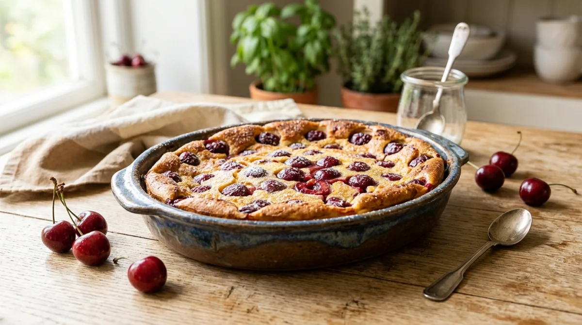Clafoutis aux cerises sans sucre doré et appétissant, servi dans un plat en céramique sur une table en bois.