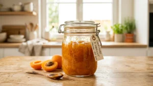 Bocal en verre de confiture d'abricot maison sans sucre, posé sur une table en bois avec des fruits frais.