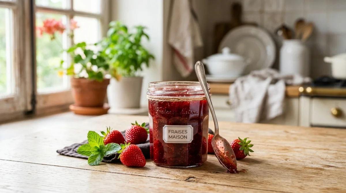Pot en verre de confiture sans sucre aux fraises fraîches sur une table en bois rustique et lumineuse.