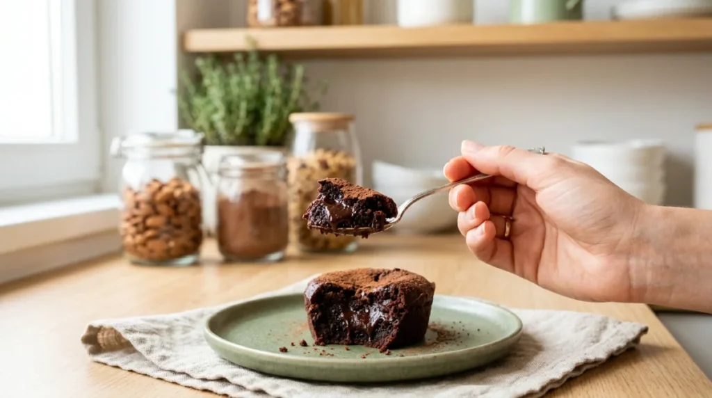 Bouchée de gâteau au chocolat fondant et humide, idéale pour une recette de dessert sans sucre pour diabétique.