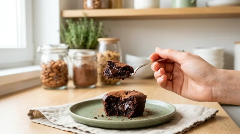 Bouchée de gâteau au chocolat fondant et humide, idéale pour une recette de dessert sans sucre pour diabétique.