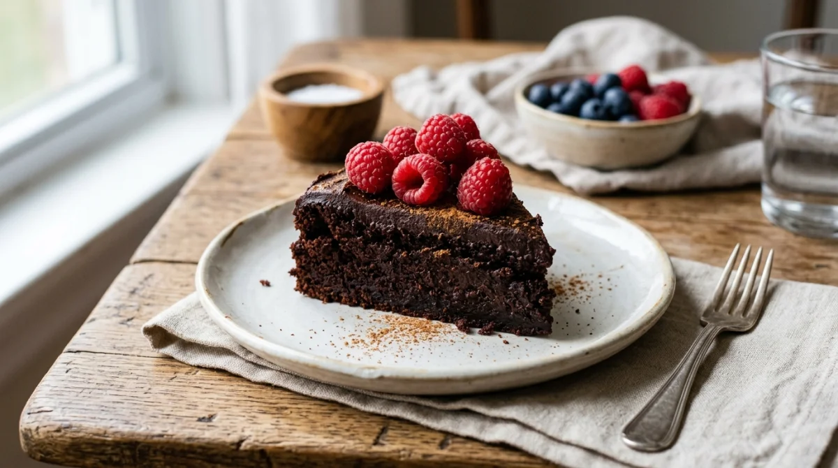Part de gâteau au chocolat fondant et framboises fraîches, recette idéale pour un dessert sain sans sucre.
